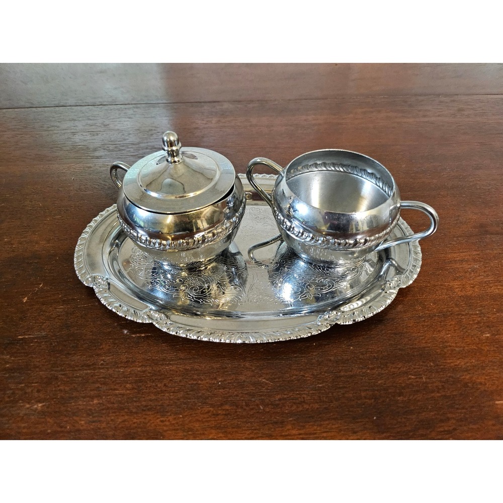 Irvinware Cream and Sugar Set with Tray Silver Chrome Etched Floral USA 4pc